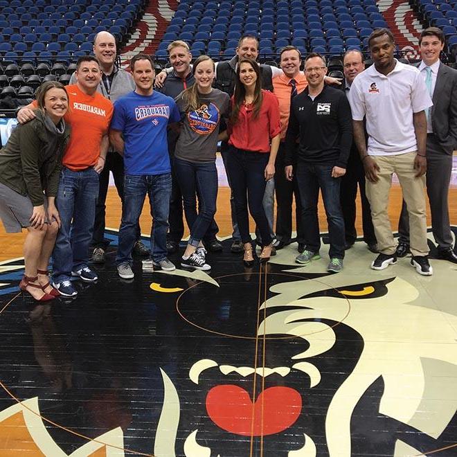 Group of ELA students on the Minnesota Timberwolves basketball court  